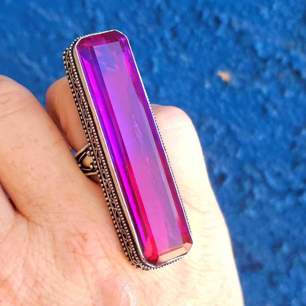 New Amazing Oversized Bi-Color Tourmaline 925 Silver Statement Ring.